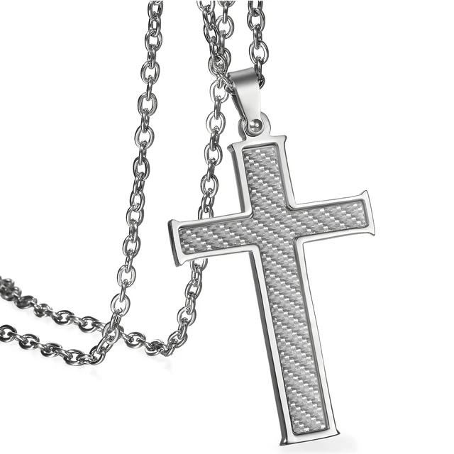 BONISKISS Carbon Fiber Stainless Steel Men's Cross Necklace 21.5 Inch - Image 4