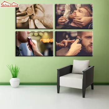 

ShineHome-4 Panel Modern Canvas Prints Paintings Beaty Hair Salon Decor Pictures Posters Trim Beard Quadros De Parede Para Sala