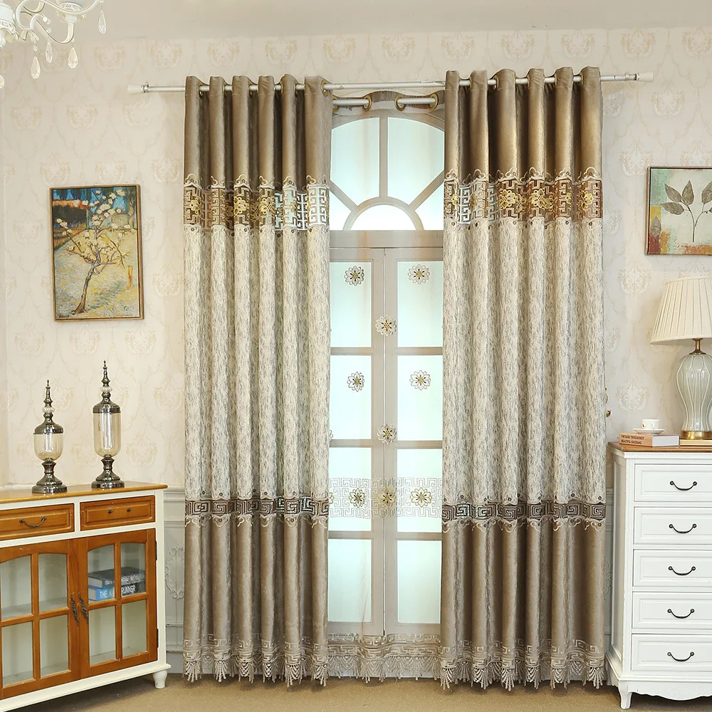 

New Chinese-Style Luxury Embroidered Curtains For Living Room Bedroom Coffee Stitching Blackout Curtain Fabric Finished M017-40