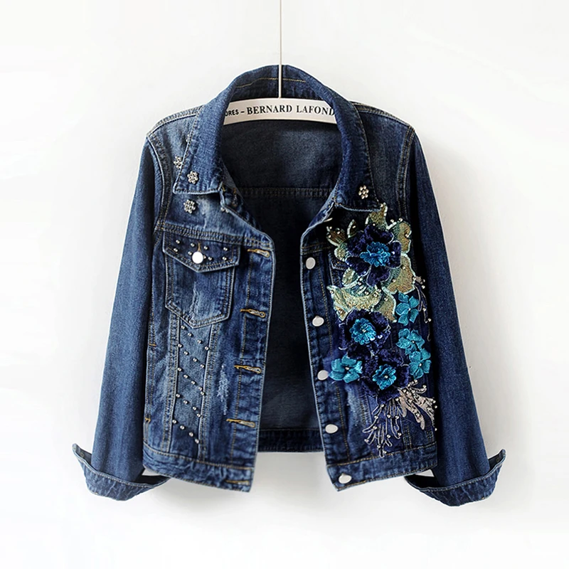 

Harajuku Denim Jacket Women Basic Coat Spring 3D Flower Sequin Embroidery Jeans Jacket Women Denim Coat Big size Loose Outerwear