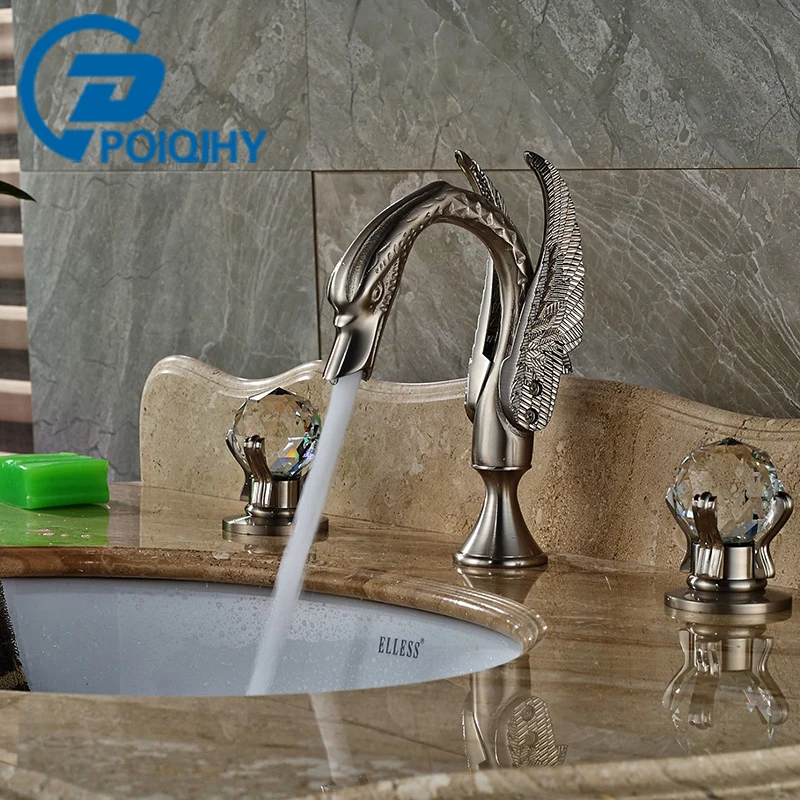 

POIQIHY Basin Faucet Nickel Brushed Swan Shape Faucet Bathroom Crystal Handles Vanity Sink Mixer Tap 3 Hole