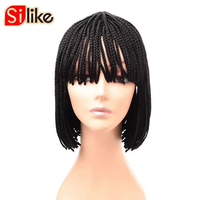 Silike 10 12 Inch Short Braided Bob Synthetic Wig Pure Natural Black Silike 10 12 Inch Short Braided Bob Synthetic Wig Pure Natural Black Box Braid Wigs With