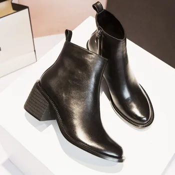 

MLJUESE 2019 women ankle boots Cow leather round toe zippers winter short plush high heels women boots casual boots size 40