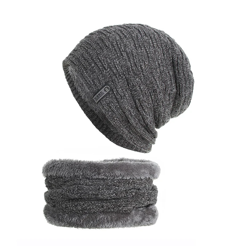 

Chenille Knitted Hat Scarf Set Inside Fleece Lining Thick Warm Knit beanies Winter Hats For Men Women Cap Skullies bonnet