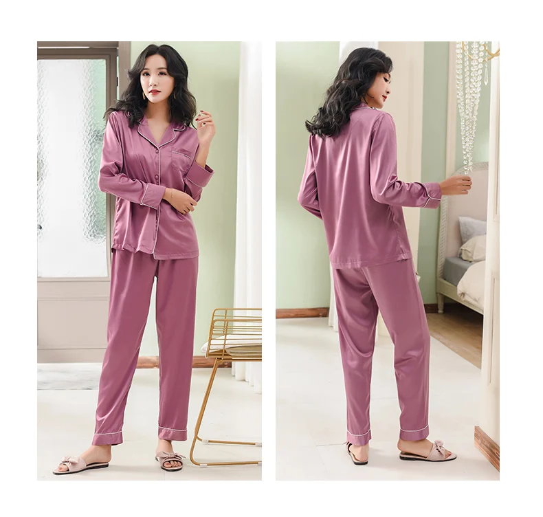 Комплект атласной шелковой Пижамы 2019 Новый 2 шт пижамы пиджачный костюм женские фиолетовые Элегантные Глянцевые дышащие морщинки стойкие