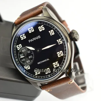 

44mm Parnis Leather Strap Seagull 6497 Hand Winding Movement Men's Watch