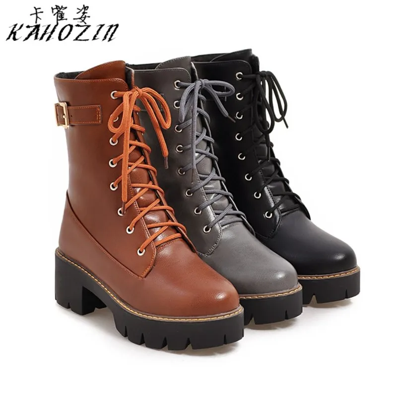 

zapatos mujer 2019 platform Lace-up motorcycle boots Fashion women shoes Premium PU leather modis Ladies fashion shoes size34-43