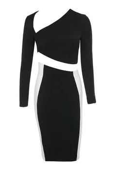 

2017 Newest Style Two Piece Fashion Black With White Bodycon Dress Bandage Long Sleeve Tight Dress Vestido