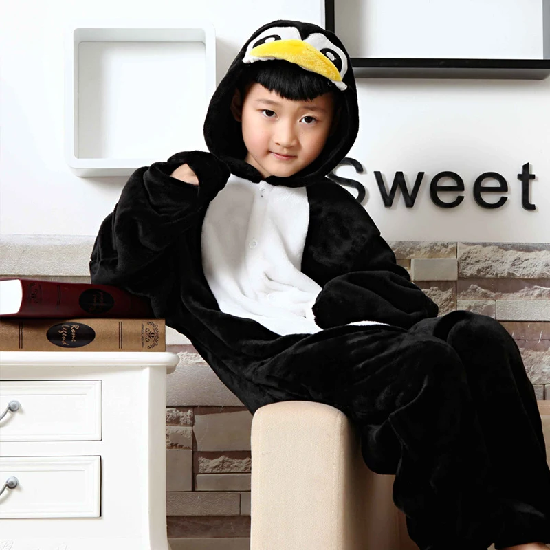 Lovable Black Penguin Kigurumi Children Onesies Cartoon Flannel Pajamas Baby One piece Sleepwear Cosplay For Halloween Jumpsuit (4)