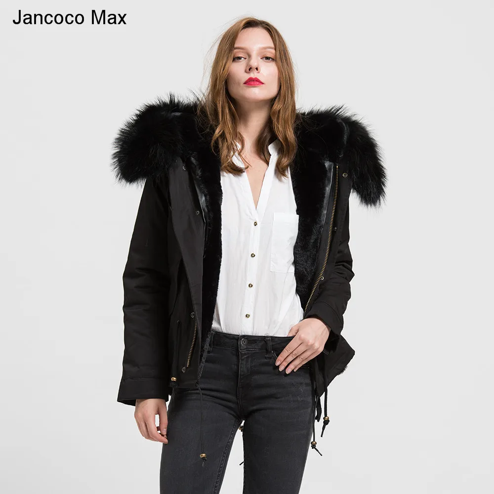Jancoco Max 2019 Съемная черный Куртка Паркера из натуральной енота большой воротник
