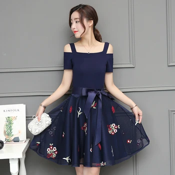 

summer 2018 new embroidery dress strapless bow lace Korea fashion women vestidos navy blue outfit casual clothes lady dresses