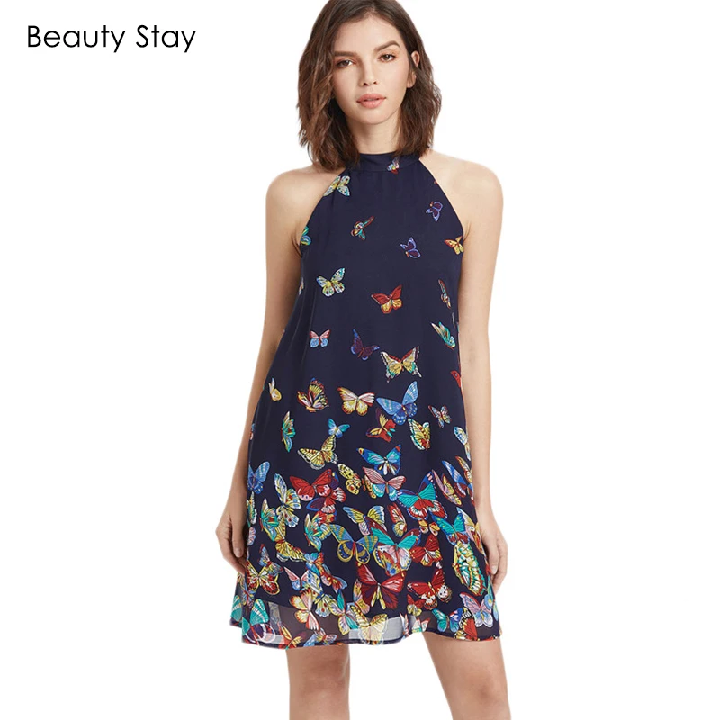 

BeautyStay Summer Bohemian Sleeveless Printed Butterfly Women Dress Halter Off Shoulder Sexy Loose Chiffon Boho Mini Beach Dress