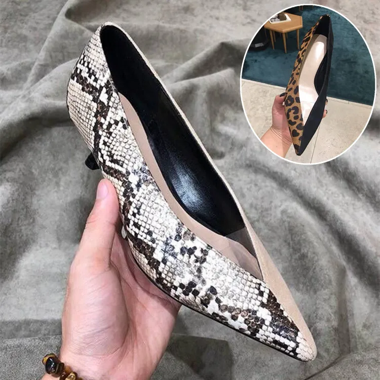 

Women's shoes 2019 new leopard color matching pointed high heels fine with snake pattern stitching color stiletto women
