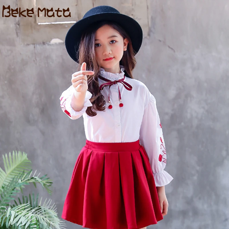

White Girl Blouse 2019 Spring Kids Shirt For Girls Long Sleeve Rose Embroidery Lacing Tie School Blouses Girls Children Clothing