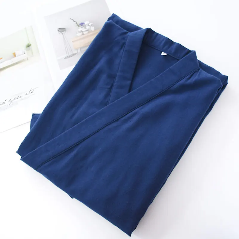 

Japanese Style Men Kimono Bathrobe Gowns Navy Blue Cotton Home Clothing Loose Male Long Sleeve Robes Sleepwear Casual Nightwear