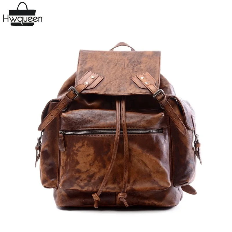 

Vintage Designer Men's Large Casual Backpack Genuine Cow Leather Man Drawstring Travel Backpack Natural Cowhide Male Rucksack