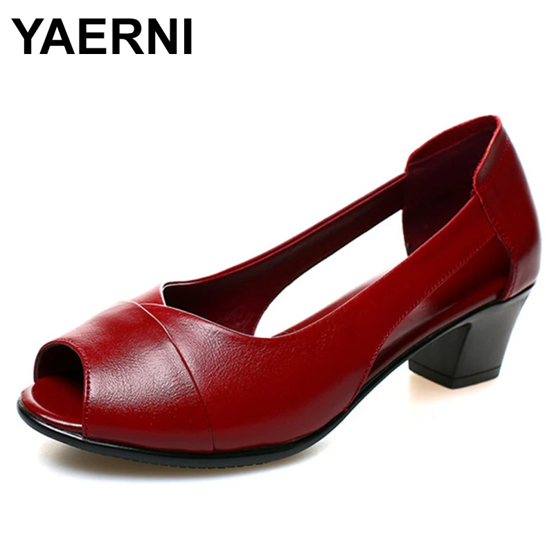 

YAERNI Summer Women's Sandals Genuine Leather High Heeled Sandals Platform Shoes Woman Casual Peep-toe Slip On FemaleSandalsE785