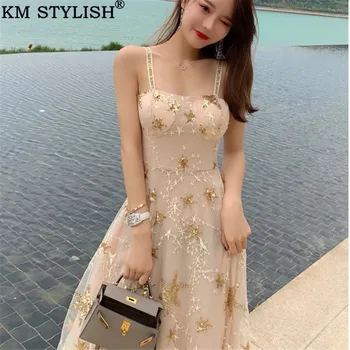 

2019 Summer New Female Stars Sequin Embroidery Sling Lace Mesh Beaded Long Dress Sexy Lady Backless Party Dress Apricot S,M,L
