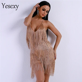 

Yesexy 2020 Sexy V Neck Off Shoulder Cross Women Rompers Overalls Tassel Backless Bachata Playsuit VR8338-2