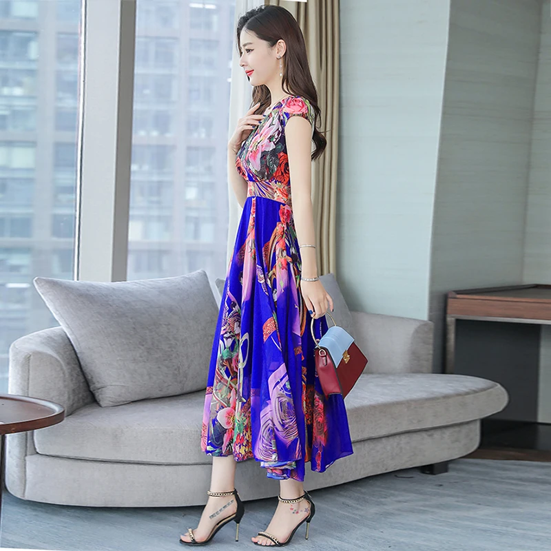 2019 Summer Retro Dresses women Robe Floral Print Short Sleeve Chiffon Dress Vintage Women feminino Vestidos long Dresses