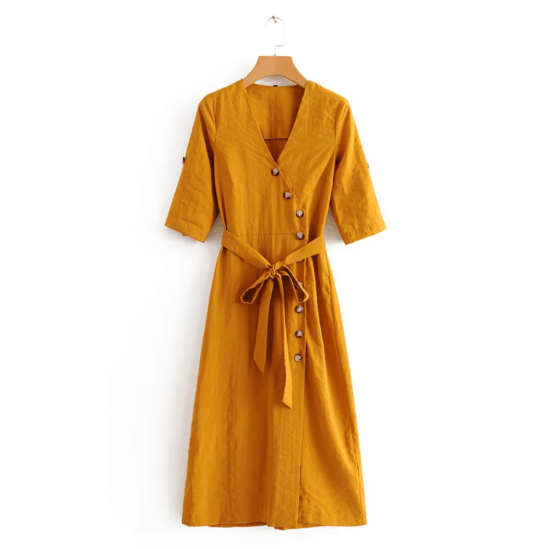 

JuneLove 2019 autumn female cotton buttons vintage dress mid- a line casual vestidos sashes wrap elegant dress