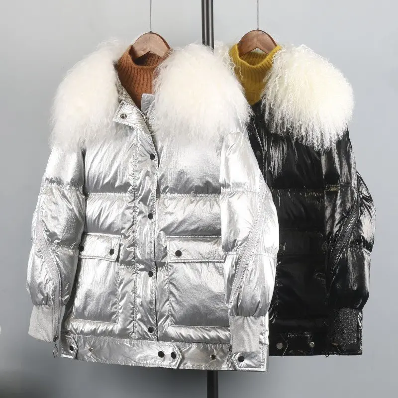 Зимняя куртка, Женское пальто с натуральным мехом, длинная пуховая парка, воротник из натуральной шерсти, толстый теплый женский пуховик, 90% белый утиный пух, куртка