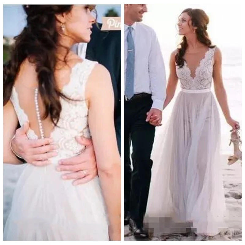 

2019 Custom Summer Beach A Line Wedding Dresses Illusion Lace Appliques Covered Buttons Back Vestidos De Boho Bridal Gowns