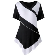 Wipalo размера плюс 5XL с v-образным вырезом двухцветная Асимметричная футболка женская повседневная с коротким рукавом летняя Туника Футболка женская одежда большой размер