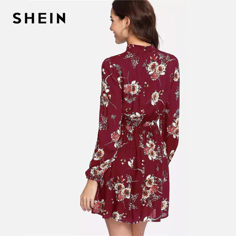 SHEIN Модное Платье С Бантом И Цветочным Принтом Женское Многоцветное Весеннее Элегантное Платье Со Стоячим Воротником И Длинными Рукавами