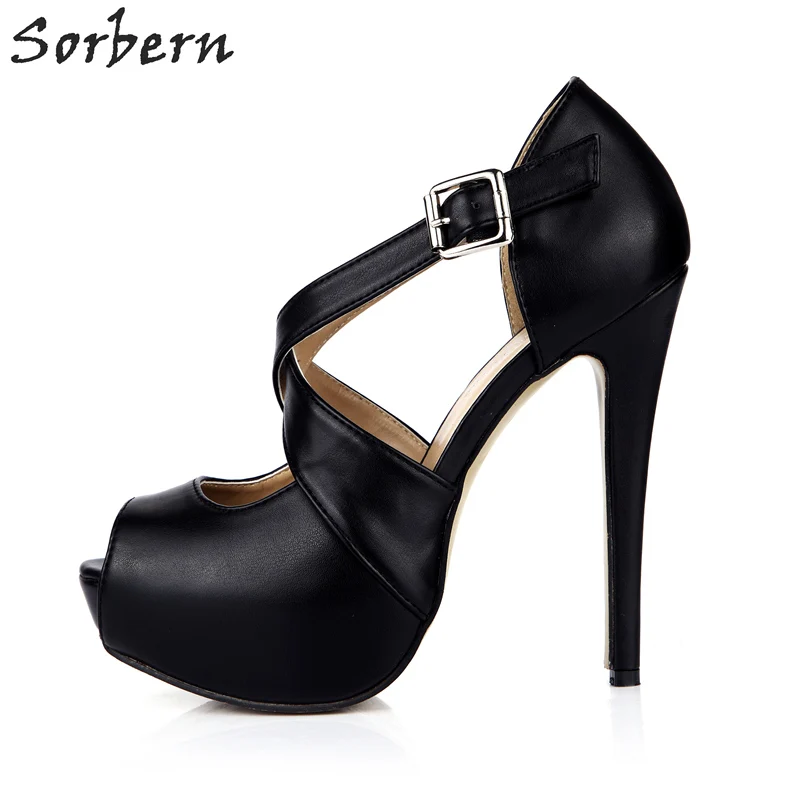 forme Sorbern Talon Celebrity Plate Peep Talons Chaussures Boucles Femmes Dames Hauts Haute Pompes Toe Parti Sangles Color custom Noir Croisées Yx78qpnwYr
