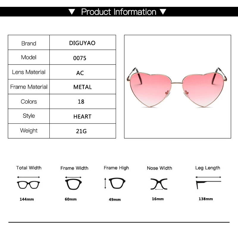DIGUYAO, женские солнцезащитные очки с металлическим разноцветным металлическим каркасом, фирменный дизайн, модные солнцезащитные очки с покрытием, солнцезащитные очки в форме сердца