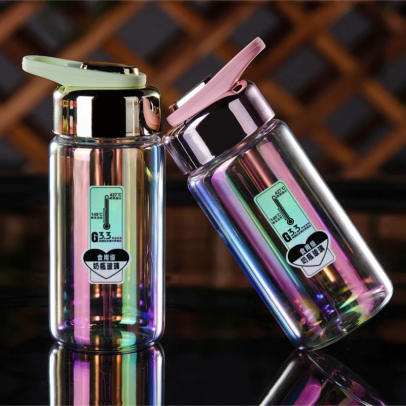 

Creative 350ml Rainbow Glass Water Bottle Girl Portable Leak-proof Outdoor Drink Bottles with Silicone Rope Juice Milk Bottle