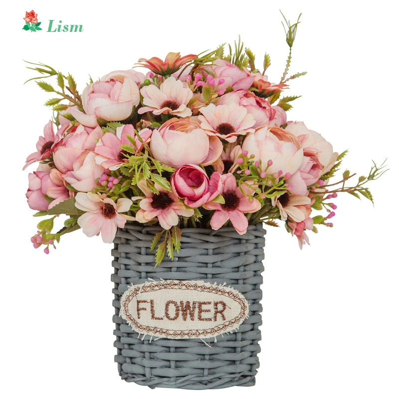 

Lism 27cm Rose Pink Silk Camellia Artificial Flowers Bouquet 4 Big 2 Small Head Fake Flowers for Home Wedding Decoration Indoor