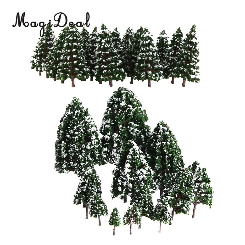 MagiDeal 32Pcs Dark Green Painted Snow Tree Model HO OO N 1:50-1:500 for Train Railway Diorama Wargame Scene DIY