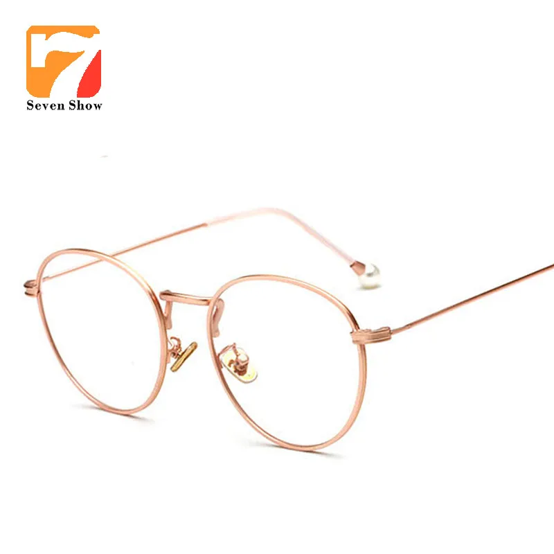 

Retro Round Women Pink Rose gold pearl Glasses Frame Brand Designer Fashion Optical prescription Metal Frame Clear Lens glasses