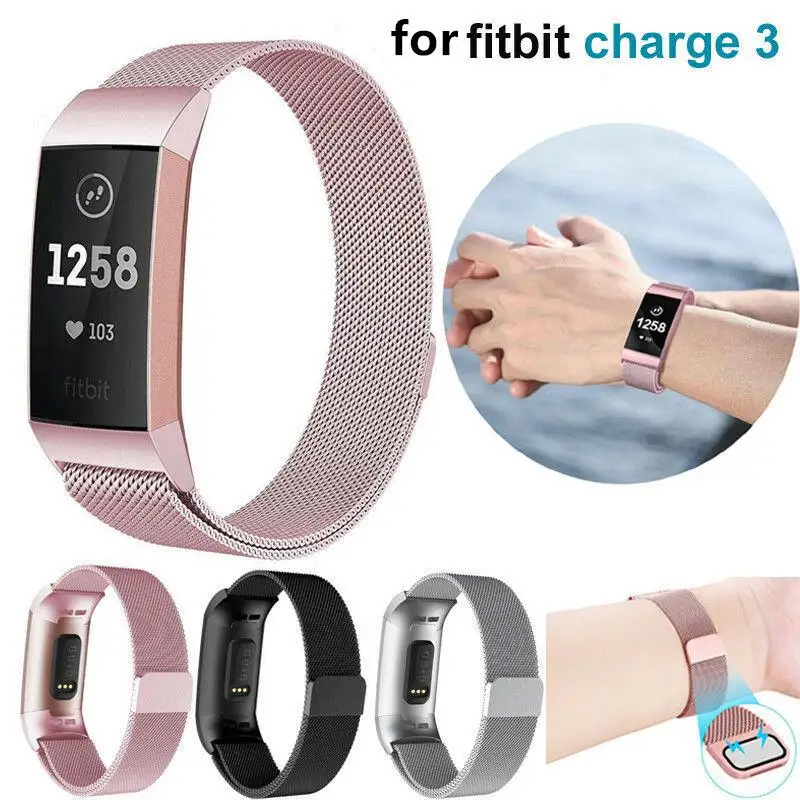 For Fitbit Charge 3 Strap Stainless Steel Magnet Strap Replacement Milanese Band 