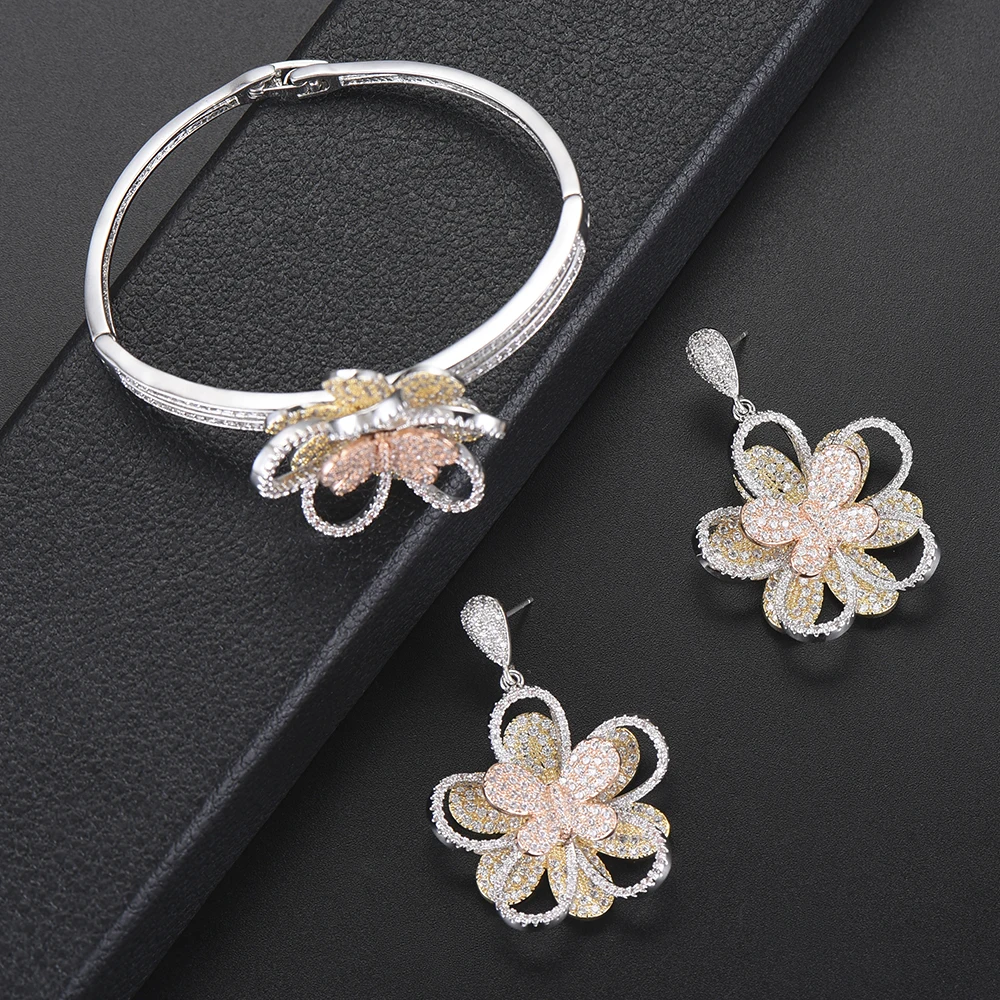 

2 PCS Flora Shape Bangle Earrings Jewelry Set Full Micro Cubic Zirconia Dubai Indian Wedding Sets For Women Dress Jewelry Sets