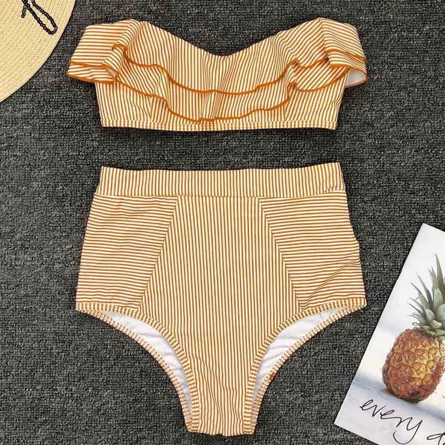 Yellow Stripes Ruffle Waisted Triangle Bikini Swimsuit