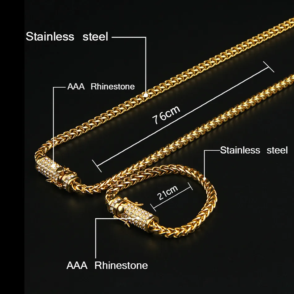 UWIN мужской набор из нержавеющей стали, Франко кубинская коробка, цепочка, ожерелье, браслет, стразы, мужское ожерелье в стиле хип-хоп, ювелирный набор
