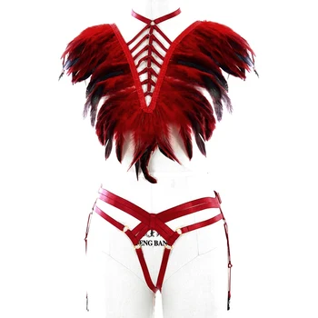

Red Feather Angel Wings Epaulettes Bondage Shoulder Burning Man Festival Goth Body Harness Dance Rave Lingerie Set for Women