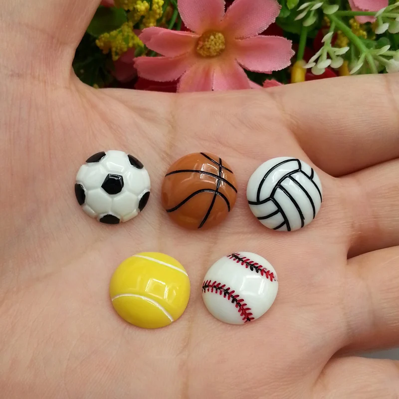 

100pcs/Lot 15mm Mixed Basketball Football Volleyball Resin Flatback Cabochon Sport Ball Flat Back Scrapbooking Hair Bow Center
