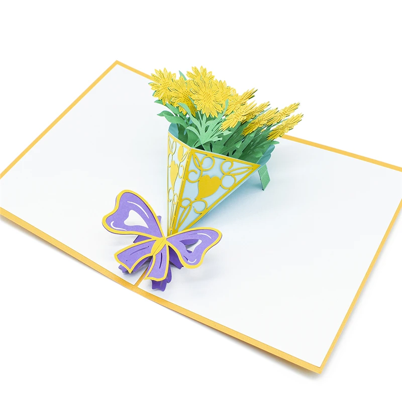  A bouquet of Sunflower 3D Pop UP Card Birthday Gift with envelope sticker laser cut invitation Gree