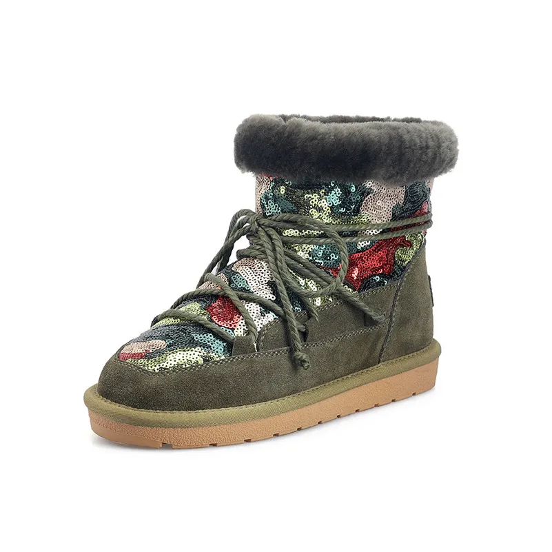 Meotina/зимняя теплая шерстяная обувь зимние сапоги женские ботильоны на плоской подошве с натуральным мехом обувь из коровьей замши смешанных цветов с круглым носком женская обувь; большие размеры 34-43 - Цвет: Армейский зеленый