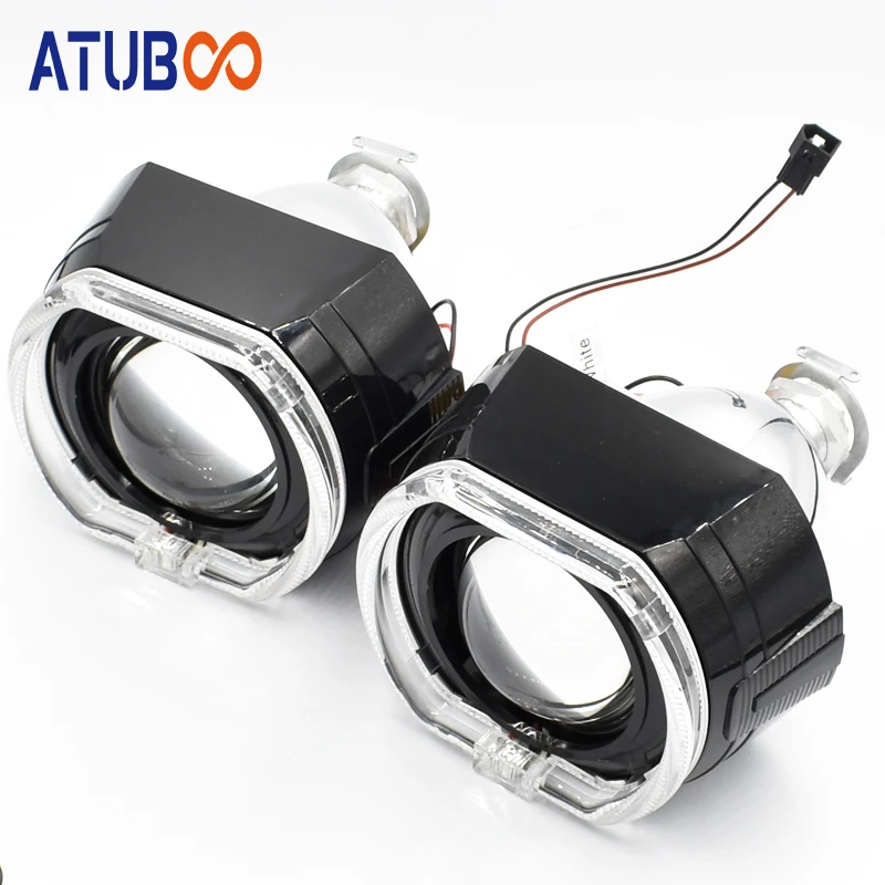 

2.5" Black Hid Projector Lens With LED Angel Eye Shroud Square White Cover For Car Headlight Use H1 Xenon Bulb