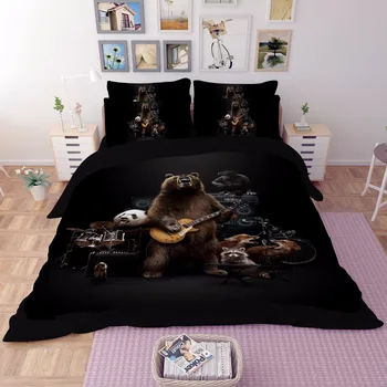 

Lovely Panda Bedding set Black Duvet Cover Cartoon Music guitar for children/kids full Queen King 4pcs Bedclothes bed sheet