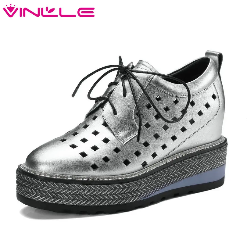 

VINLLE 2018 Summer Fashion Women Pumps Wedge High Heel Lace Up Genuine Leather Black Ladies Casual Shoes Size 34-42