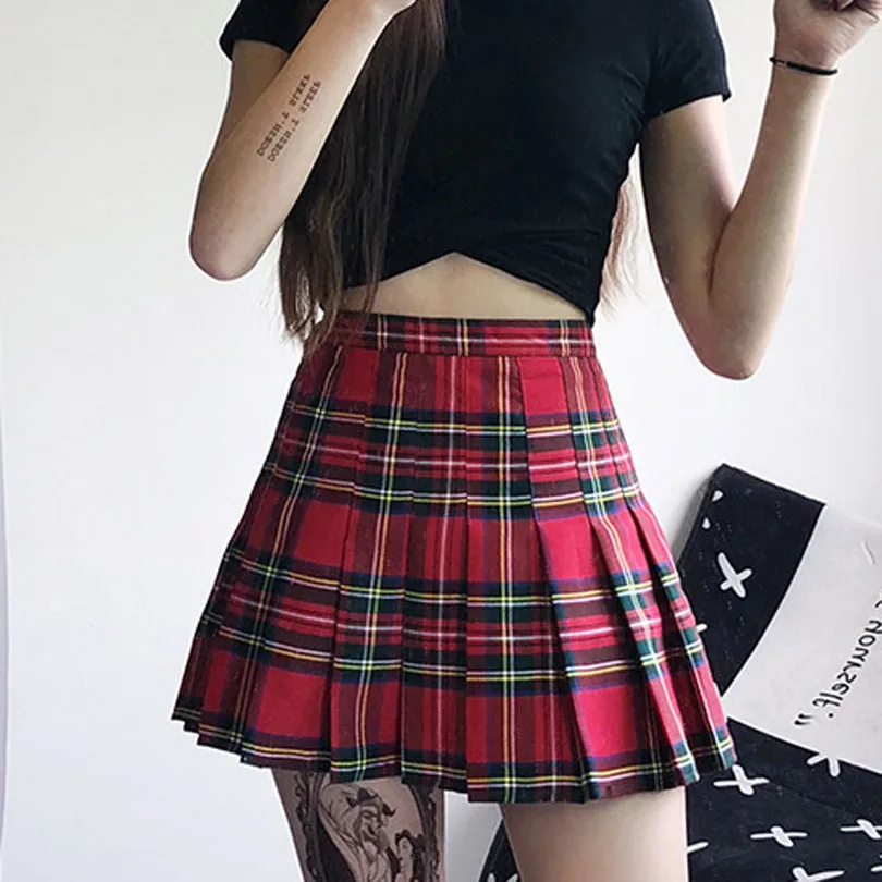 Плиссированная юбка А-силуэта в стиле Харадзюку с высокой талией, женские юбки в стиле ретро, женские весенне-летние клетчатые мини-юбки для девочек