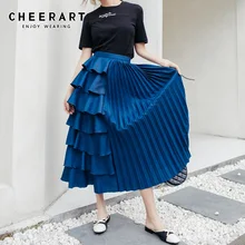 Cheerart плиссированная юбка с оборками Женская s синяя длинная юбка миди Женская юбка трапециевидной формы с высокой талией дизайнерская модная одежда