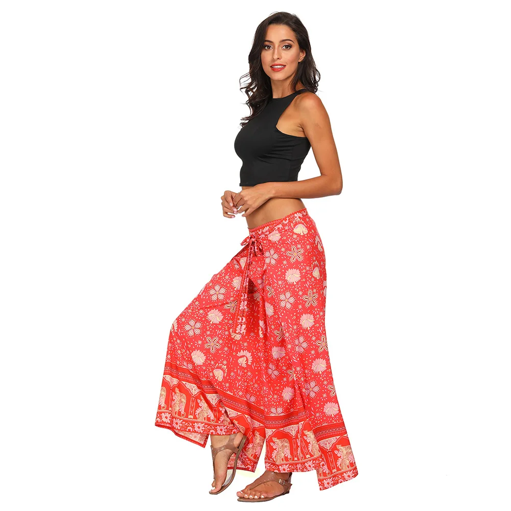 Bohemia Style 3D Print Flower Pattern Print Women Bandage Wide Leg High Split Summer Spring Elastic Waist Long Loose Trousers Bohemia Style 3D Print Flower Pattern Print Women Bandage Wide Leg High Split Summer Spring Elastic Waist Long Loose Trousers