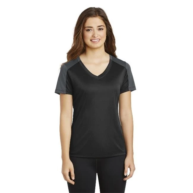 Sport-Tek LST354 Ladies PosiCharge CompetitorSleeve-Blocked V-Neck Tee Black & Iron Grey - 2XL